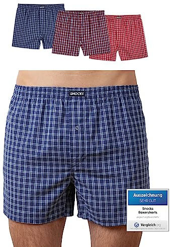 Snocks Pacco 3 Boxer Uomo Lunghi in Cotone Bio - Mutande Uomo Senza Etichette Irritanti - Boxer Pack - Quadretto Piccolo (Mix Blu/Rosso) - XL