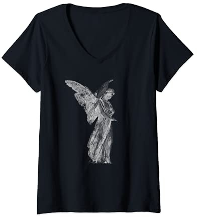 Womens Angel Statue distressed classic winged Statue picture V-Neck T-Shirt