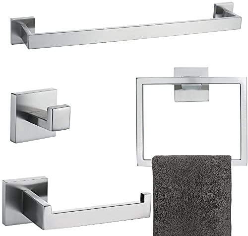 Juego de 4 Accesorios de baño cepillados de Acero Inoxidable, Juego de Accesorios de baño Cuadrados montados en la Pared, níquel Cepillado de 23.6 Pulgadas