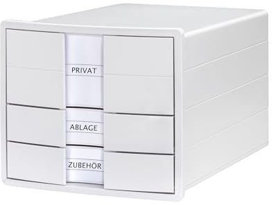 HAN Schubladenbox IMPULS 2.0 mit 3 geschlossenen Schubladen für DIN A4/C4 inkl. Beschriftungsschilder, Unterlagenbox, Boden mit Auszugsperre, möbelschonende Gummifüße, 1017-12, weiß