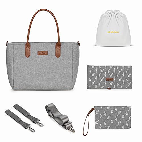 skiddoü große Kinderwagen-Tasche Ingrid, Organizer für Kinderwagen, Wickeltasche wasserdicht, Wickelunterlage unterwegs, Baumwollbeutel, Schultergurt, herausnehmbare Tasche mit Fächern, braun-grau