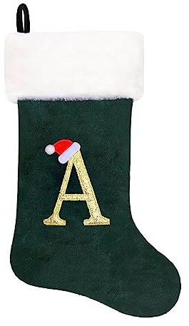 Eoocan 50.8 cm Monogramm Weihnachtsstrümpfe, grüner Samt mit weißem super weichem Plüsch, bestickt, personalisierte Weihnachtsstrumpf-Dekorationen für die Familie, Urlaub und Dekoration (Letter A)