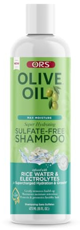 ORS Olive Oil Max Moisture Super Hydrating Sulfate-Free Shampoo with Rice Water and Electrolytes Natural and Relaxed Hair (473ml / 16 oz)