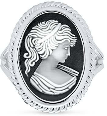 Bague De Camée Pour Femmes En Argent Sterling Avec Portrait Encadré En Noir Et Blanc