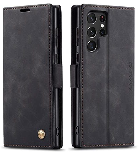 QLTYPRI Hülle für Samsung Galaxy S22 Ultra, Leder Klapphülle, Schwarz | Vintage PU Leder Hülle, Handyhülle mit 2 Kartenfächer, Standfunktion, Weicher TPU-Rahmen, Stoßfeste Flip Wallet Case