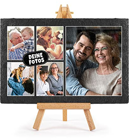 Schieferplatte selbst gestalten - Foto-Collage mit 5 Fotos bedrucken - Geschenk für Freunde, Familie I Personalisiertes Foto-Geschenk - Schiefertafel mit Staffelei, 20 x 30 cm