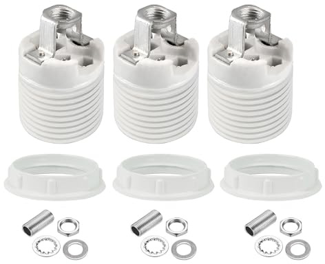 Porcelain Threaded Socket with Metal Shade Ring,JNXQWE Ceramic Medium Base Screw Socket with Hickey IPS 1/8-27,Glazed (3-Pack,Threaded)