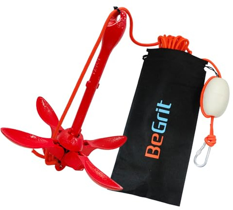 BeGrit Ancora Barca Pieghevole 1.5kg Kit di Ancora Kayak Gommone per SUP Canoe Ancoraggio Ombrello Acciaio Carbonio con Cima Ormeggio Corda Arancione Galleggiante da 10m e Borsa di Stoccaggi, Rosso