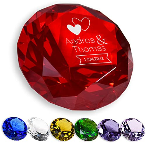 polar-effekt Deko Kristall-Diamant aus Glas in Rot mit Gravur für verliebte Ehe-Paare - mit Namen veredelt - das ideale Hochzeitsgeschenk - Briefbeschwerer passend zur Hochzeit - Motiv Zwei Herzen
