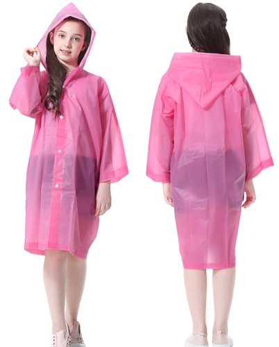 Rain Ponchos Raincoats for Kids, 2 Packs Rain Coats Jacket Reusable with Hood for Boys Girls Disney Hiking Camping Outdoor (US, Alpha, One Size, Regular, 2 Pink)