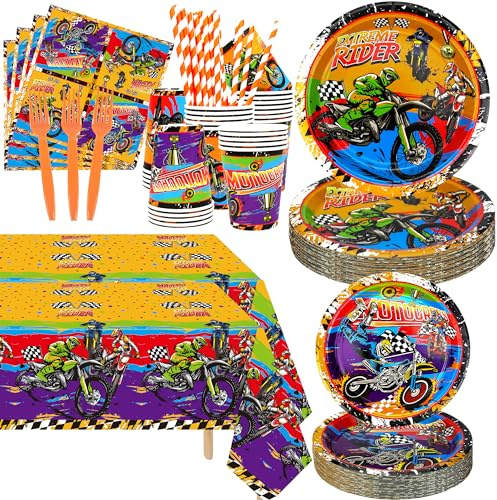 Dirt Bike Party Supplies, Includes Plate, Napkin, Cups, Forks, Tablecloth, for Kids Boys Girls Motorcycle Extreme Sports Birthday Decorations, Serve 40