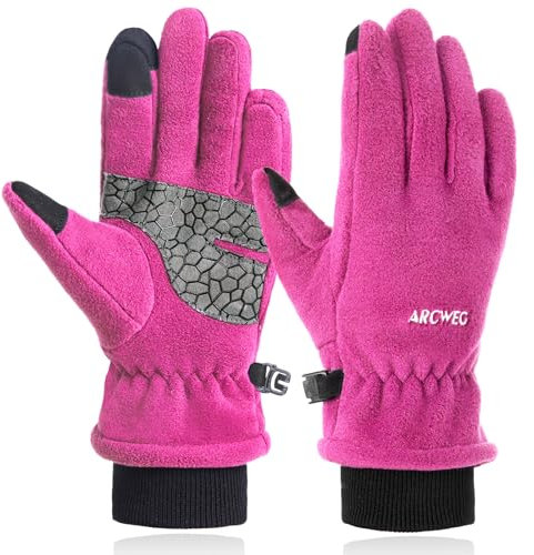 Arcweg Fleece Handschuhe Kinder Warm Winter Kinder Polar Fahrradhandschuhe Wasserdicht Fingerhandschuhe Winddicht Fäustlinge für Jungen und Mädchen Outdoor Sport Wandern Laufen Rosa L-XL(7-8 Jahre)
