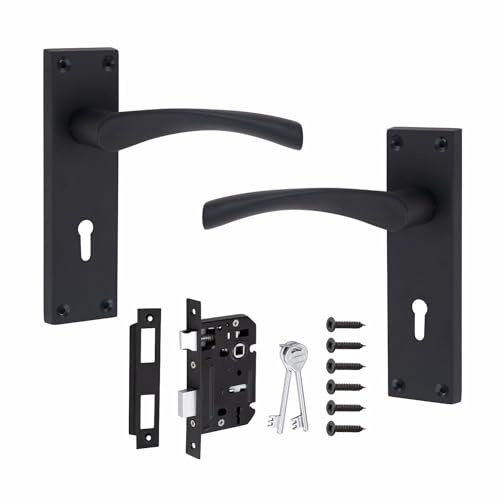 Golden Grace Victorian Scroll Astrid Door Handles, Matt Black Lock Set | Includes 150x40mm backplates, 64mm 3-lever lock with keys, and a pair of zinc handles with corrosion-resistant coating.