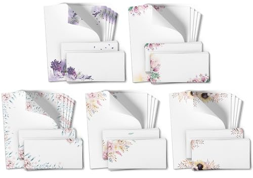 100 Teile Set - Großer Briefpapier und Umschlag Mix mit 5 Motiven - Motivpapier Briefumschlag edel modern - Blumen Florale Muster 2