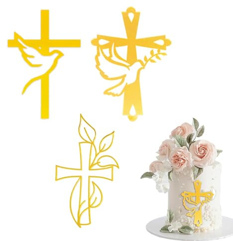 xlwen Cake Topper Bapteme,3 Pièces,Croix Deco Gateau Bapteme,Décoration de Gâteau en Acrylique,Cake Topper Bapteme Croix,baptême, anniversaire, fête prénatale, communion