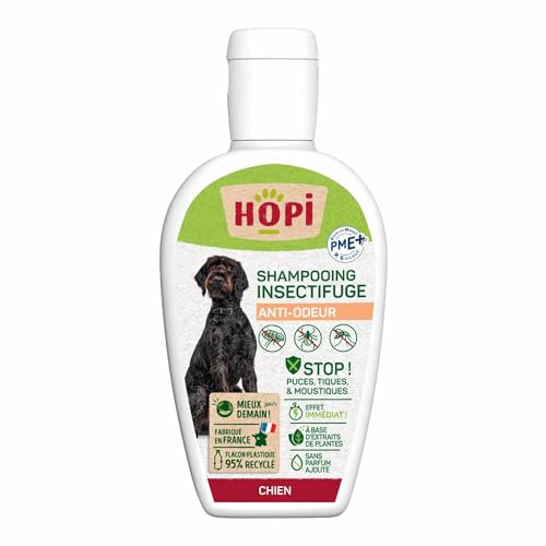 HOPI Shampooing Anti Odeur et Anti Puces Chien 250 ML - Protection idéale pour repousser Les Puces, Les Tiques et Les Moustiques - Extraits de Plantes - Pratique et Facile - Fabriqué en France