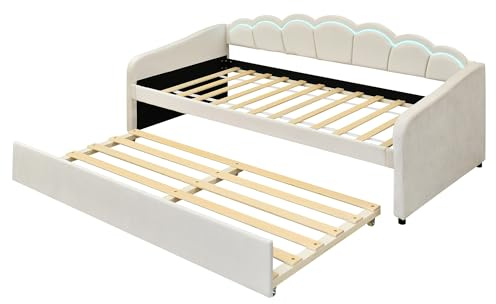 SOFTWEARY Schlafsofa mit LED-Beleuchtung und Lattenrost, 90x200 cm, Einzelbett, Polsterbett, Samt (beige, mit Gästebett)