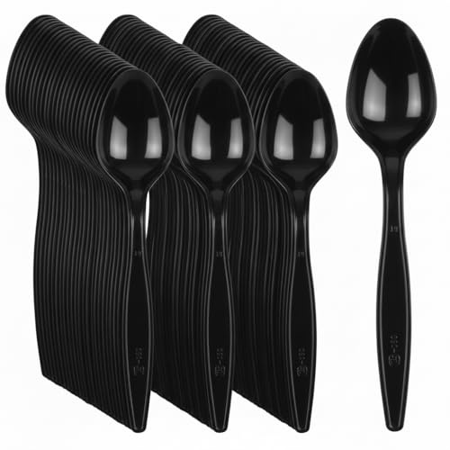 Tezraftaar® 100 x Tithe Heavy Duty Plastic Spoons Reusable Black Cutlery Set BPA Free Durable Catering Wedding Kids Parties Picnic Traveling
