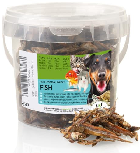 UGF - Trockenfisch für Hunde, Hunde Leckerlis - 80g im 500 Milliliter Eimer, Hundeleckerli Getreidefrei, Getrockneter Fisch, Hypoallergen, Diätetisch, Trainingsleckerli, Kauartikel