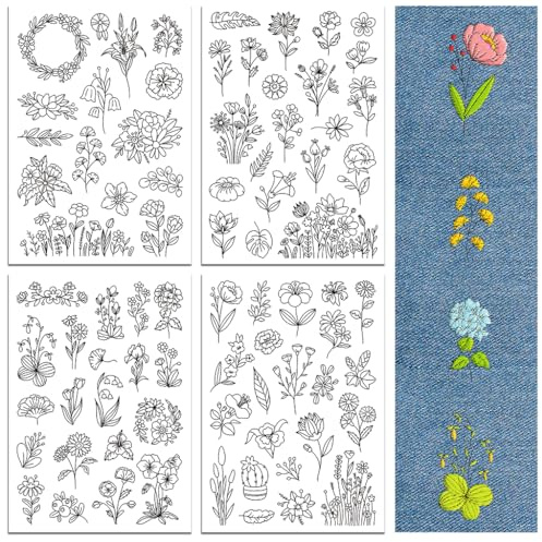 peacoblue Stickvorlagen Wasserlöslich für Anfänger 4 Sheet Wildblume with 77pcs Muster, Wash Away Stick and Stitch Auflösbares Stickereipapier für Handnähbegeisterte Frauen Erwachsene | 4 Blatt Stickvorlagen mit 77 Stück, Aufbügelbare Stickhilfe zum Abwaschen für Handstickerei Anfänger und Kreative