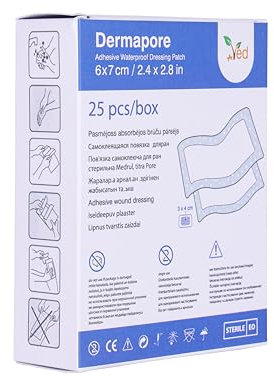VED Dermapore Apósito adhesivo impermeable para heridas - Adecuado para cortes y rozaduras, úlceras venosas en las piernas, pequeñas úlceras por presión - Mediano, (6 x 7cm (Pack of 25))