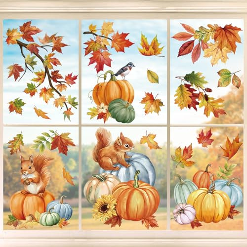wondever Fensterbilder Herbst Ahornblätter Kürbis Eichhörnchen Glas Deko | Wiederverwendbar, Doppelseitig Statisch PVC Fensterdeko, Fenster Vogelschutz, Herbstdeko für Erntedankfest Wohnzimmer Küche