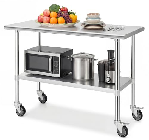 GYMAX Tavolo da Lavoro in Acciaio Inossidabile con Ripiano Regolabile, Banco da Lavoro con Ruote Scorrevoli, Piano Lavoro con Angoli Arrotondati, per Cucina/Ristorante, 122X61X89CM