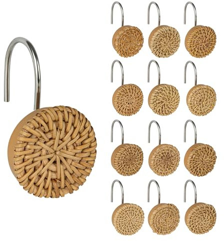 Sunlit Boho Decorative Shower Curtain Hooks, Woven Wicker Ratten Shower Curtain Rings for Bathroom, Farmhouse Shower Curtain Hangers Bathroom Accessories, Set of 12