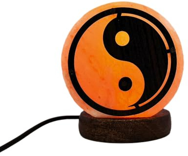 AROMASENSES | Lámpara de Sal del Himalaya USB | Hecha a Mano, Base de Madera | Lámpara Relajante para Mesita de Noche y Oficina, Luz Fija, 100% Natural | Sal Rosa del Himalaya | YING YANG