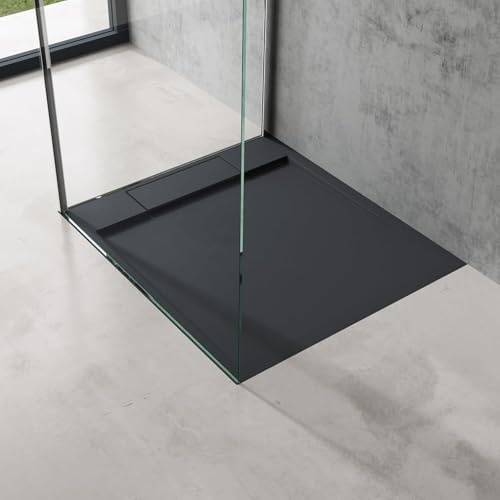 doporro Duschtasse Duschwanne 75x75x4 Mineralguss Anthrazit Ablaufgarnitur | Flache Duschwanne für bodenebene Montage mit DIN-Anschlüssen – stabil & pflegeleicht für moderne Duschen Geoma04