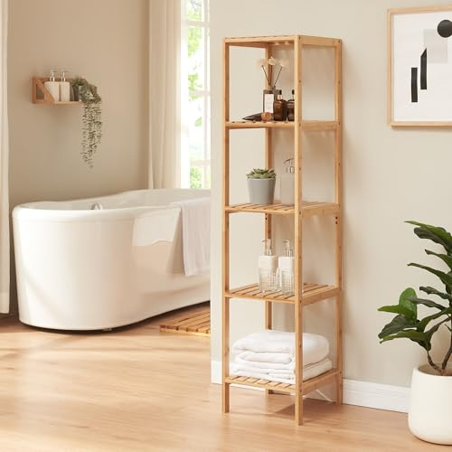 [en.casa] Scaffale da Terra a 5 Ripiani Mobile Organizzatore Portaoggetti in Bambù 140 x 33 x 34 cm per Bagno Cucina Dispensa - Colore Naturale