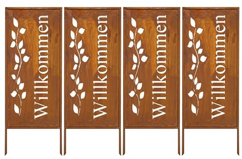 Kapaga - Sichtschutz Metall 4x - 100x40 cm - Edelrost - Rostoptik, Patina | für Garten und Terrasse - Corten, Sichtschutzelement - Sichtschutzwand - Gartendekoration Zaun - Rost (Strauch) (Willkommen)