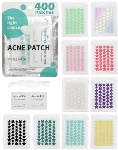 400 Piezas Parches Granos, Pimple Patches | Acne Patch, Estrellas para Granos Pegatinas Granos Cara Acné Invisibles Hidrocoloides con 10 Toallitas con Alcohol y Pinzas, 10 Colores