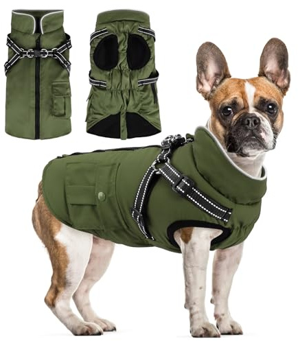 Woiil Hundemantel Hundejacke Wintermantel für Kleine Hunde, Hundemantel Winter mit Geschirr, Hunde Wintermantel Ärmellose Baumwolle Gepolsterte Weste Wasserdicht Warme Reflektierend, Armeegrün XS
