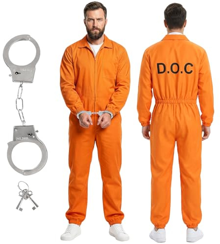 FENYW Gefängnis Kostüm Orange, Häftling Kostüm Herren Damen, 165-180cm Sträfling Gefangene Kostü, Prisoner Overall Kostü mit Handschellen, Gefangener Kostü für Halloween Karneval Costume