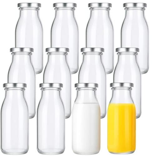saerryor 12 Pack Glass Milk Bottles With Lids 250ml Glass Juice Bottles | Small Glass Bottles With Lids, Juices Hot Bottles 250ml With Lids Glass, Reusable & Durable, Leakproof, Ginger, Jam, Oils,
