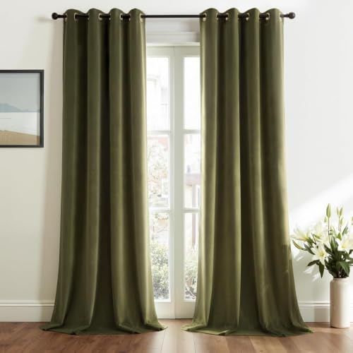 Topfinel Olivgrün Samtvorhang Ösen, Blickdichte Vorhänge 2er Set 140x245cm für Deko Schlafzimmer Wohnzimmer,Weich Vorhang Samt Verdunkelung Velvet Curtains, Verdunkelung Samt Gardinen Blickdicht