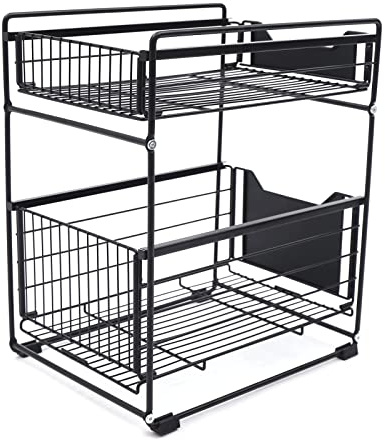 Babeenoo Lavello portaoggetti sotto lavello con 2 ripiani, organizer da cucina con cassetti estensibili, per cucina, armadio, camera da letto, colore: nero