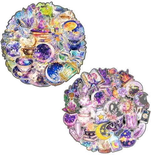DiiWmme 60PCS Magic Holographic Stickers, Witchy Vinyl Stickers for Scrapbooking, Journals, Laptop, Water Bottle (Purple PET, Waterproof)