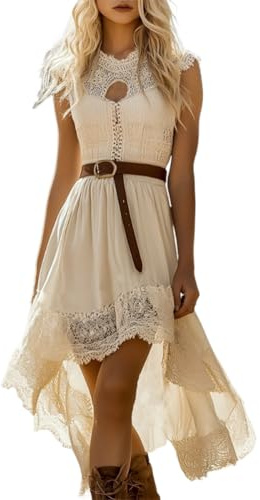 ORANDESIGNE Damen Western Cowgirl Kleid Boho Chic Dress Langarm V-Ausschnitt Minikleid Sommerkleid