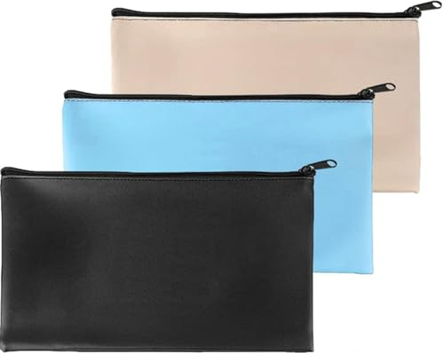 ZHAOYCSH Geldbeutel Banktaschen, 3 Stück Bankmappe aus Kunstleder, Geldmappe mit Reißverschluss für A5 Dokumente (28 x 15 cm),Geldtaschen für Büro, Haushalt und Schule.Beige, Schwarz, Hellblau