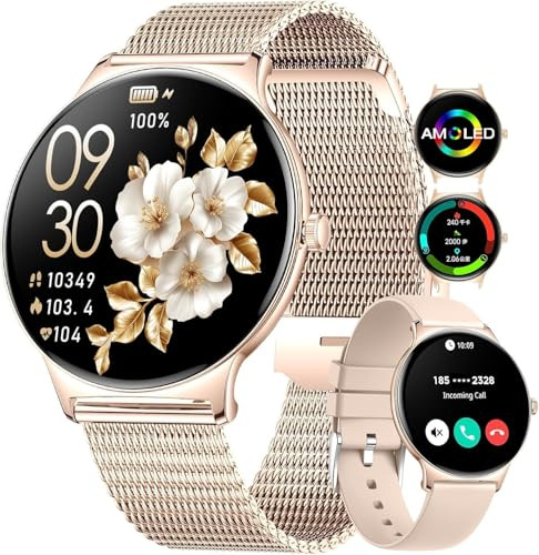 HIRREO Montre Connectée Femme avec Appel Bluetooth pour Android iOS,1,43'' AMOLED Fitness Tracker avec 100+ Modes Sportifs,Podomètre,IP68 étanche Sport Smartwatch Femme Rose