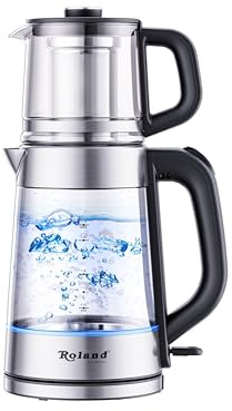 Roland Teekocher Teekanne – Elektrischer Wasserkocher 1,7L + Glas-Teekanne 1L mit Edelstahl-Teefilter, 360° drehbar, Automatische Abschaltung, Heißwasserspender, 2200W