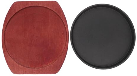 OSALADI Plancha de Barbacoa de Hierro Fundido con Recubrimiento Antiadherente y Bandeja de Madera para Servir, Redonda, Adecuado para Uso en Casa y Restaurante