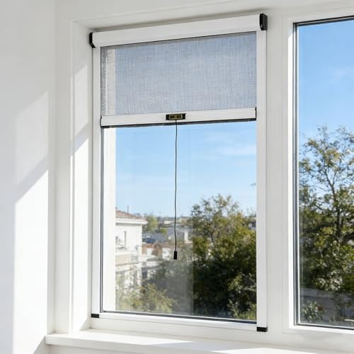 Aeovot Window Nets to Keep Bugs Bees Out - Custom Size Fly Screens for Windows - Roll-Up Window Insect Screen Mosquito Net Roller Blinds, Cat Window Guard, Aluminum Alloy Frame