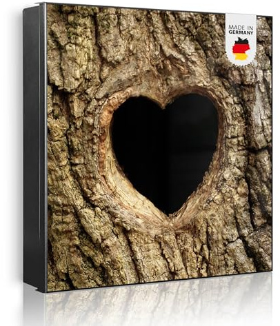 banjado Großer Schlüsselkasten Metall - Schlüsselbox 30x30cm beschreibbarer mit 32 Haken - Schlüsselkasten modern für Schlüsselaufbewahrung - Korpus Schwarz Scharnier Rechts - Motiv Baumherz