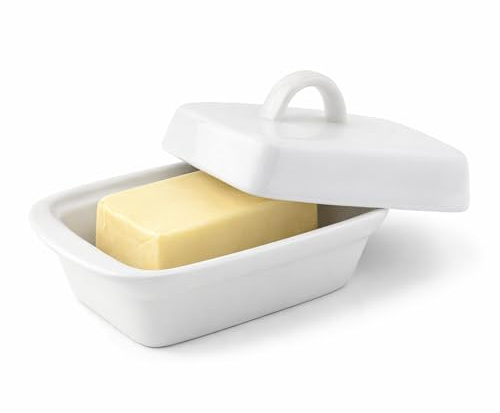 Deep Ceramic Butter Dish with Lid – 17.5L X 9W X 11.5H (cm) Large Butter Container with Handle, Fits UK Butter Blocks, Thick Heavy Porcelain Butter Keeper for Fridge or Countertop White