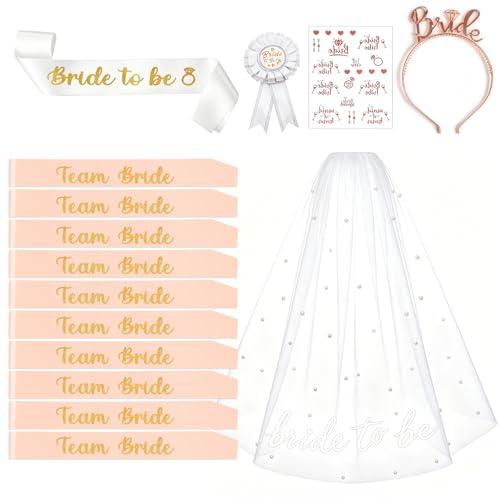 YSUVIN Deko Schärpe Set, 15PCS Junggesellenabschied Frauen Set, 10 Team Bride Schärpe, 1 Braut Schärpe, Schleier Abzeichen Tiara Tattoos, JGA Accessoires Frauen für Hochzeit, Bachelorette, Brautparty