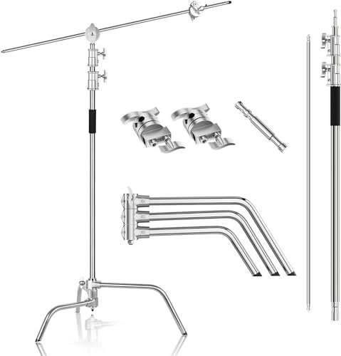 EMART C Stand 300 cm, Support d'Eclairage Réglable en Acier Inoxydable avec 128 cm Bras de Maintien, Rotule et Jambe pour Réflecteur, Softbox, Monolight, Parapluie
