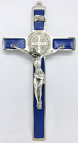 GTBITALY 10.004.11 croce di san benedetto eco economica argento smaltata a mano blu prete sacerdote esorcista esorcismo suora chiesa 20 cm